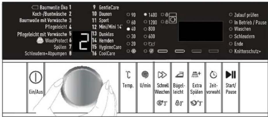 Baumwolle Öko 1 Koch-/Buntwäsche 2 Baumwolle mit Vorwäsche 3 Pflegeleicht 4 Pflegeleicht mit Vorwäsche 5 WoolProtect 6 Spülen 7 Schleudern+Abpumpen 8 GentleCare Daunen Sport Mini/Mini 14' Dunkles Hemden HygieneCare CoolCare 90 60 40 30 20 1400 1200 800 600 ●●●●●●●●●●●●●●●●●●●●●●●●●●●●●●●●●●●●●●●●●●●●●●●●●●●●●●●●●●●●●●●●●●●●●●●●●●●●●●●●●●●●●●●●●●●●●●●●●●●●○ Zulauf prüfen In Betrieb / Pause Waschen Schleudern Ende Knitterschutz+ Ein/Aus Temp. U/min Schnell Waschen Bügel-leicht Extra Spülen Zeit-vorwahl Start/Pause