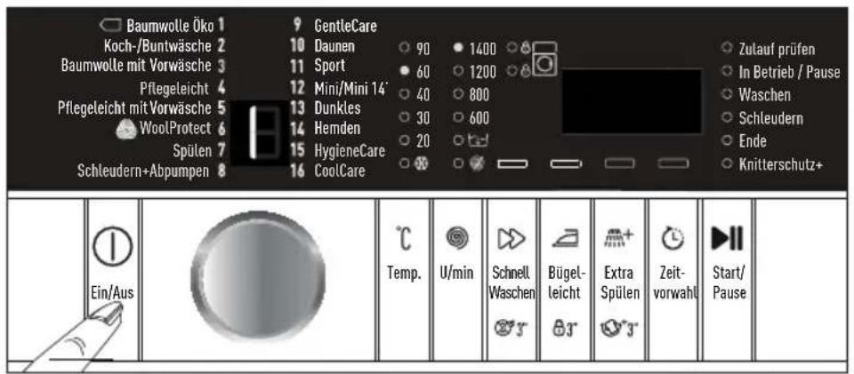 Baumwolle Öko 1 Koch-/Buntwäsche 2 Baumwolle mit Vorwäsche 3 Pflegeleicht 4 Pflegeleicht mit Vorwäsche 5 WoolProtect 6 Spülen 7 Schleudern+Abpumpen 8 GentleCare Daunen 90 1400 Zulauf prüfen Sport 60 1200 In Betrieb / Pause Mini/Mini 14' 40 800 Waschen Dunkles 30 600 Schleudern Hemden 20 Ende HygieneCare CoolCare Knitterschutz+ Ein/Aus Temp. U/min Schnell Waschen Bügel-leicht Extra Spülen Zeit-vorwahl Start/Pause