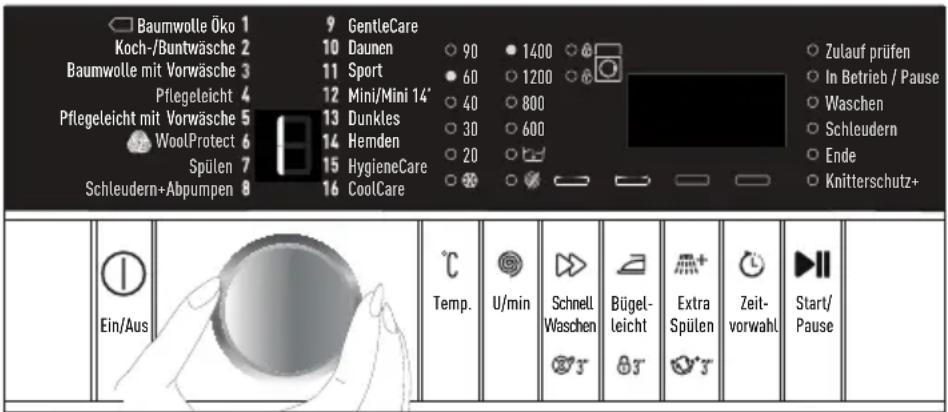 Baumwolle Öko 1 Koch-/Buntwäsche 2 Baumwolle mit Vorwäsche 3 Pflegeleicht 4 Pflegeleicht mit Vorwäsche 5 WoolProtect 6 Spülen 7 Schleudern+Abpumpen 8 GentleCare Daunen Sport Mini/Mini 14' Dunkles Hemden HygieneCare CoolCare 90 60 40 30 20 1400 1200 800 600 Zulauf prüfen In Betrieb / Pause Waschen Schleudern Ende Knitterschutz+ Temp. U/min Schnell Waschen Bügel-leicht Extra Spülen Zeit-vorwahl Start/Pause