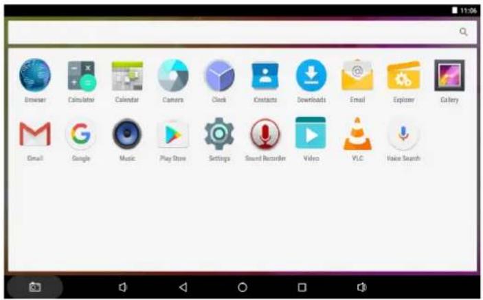 Browser Calculator Calendar Camera Clock Contacts Downloads Email Explorer Gallery Email Google Music Play Store Settings Sound Recorder Video VLC Voice Search
