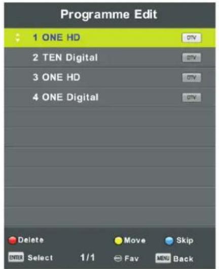 Programme Edit 1 ONE HD 2 TEN Digital 3 ONE HD 4 ONE Digital Delete Move Skip ENTER Select 1/1 Fav MEN Back