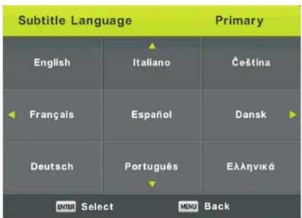 Subtitle Language Primary English Italiano Čeština Français Español Dansk Deutsch Português Ελληνικά ENTER Select MENU Back