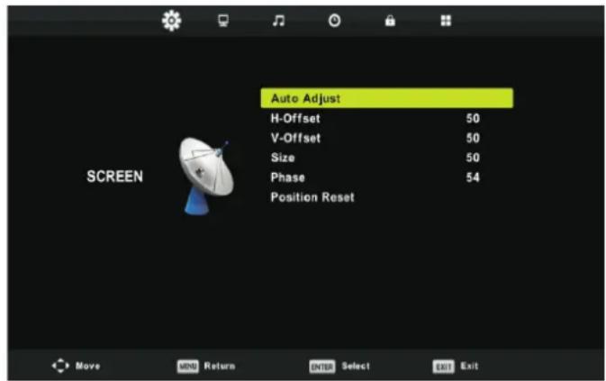 Auto Adjust H-Offset 50 V-Offset 50 Size 50 Phase 54 Position Reset SCREEN Move MNI Return ENTER Select EXIT Exit