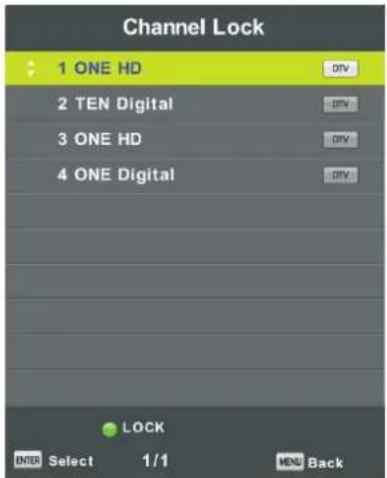 Channel Lock 1 ONE HD DIV 2 TEN Digital DIV 3 ONE HD DIV 4 ONE Digital DIV LOCK ENTER Select 1/1 MENU Back