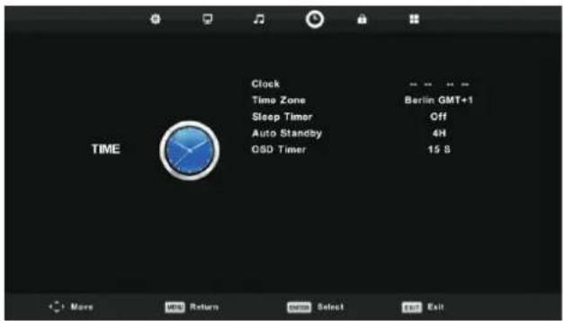 Clock Time Zone Sleep Timer Auto Standby OSD Timer Berlin GMT+1 Off 4H 15 S TIME More Help Return Reset Select Exit Exit