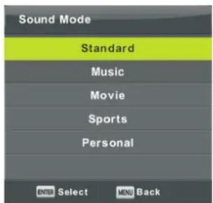 Sound Mode Standard Music Movie Sports Personal ENTER Select MENU Back
