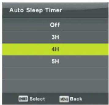 Auto Sleep Timer Off 3H 4H 5H ENTER Select MENU Back