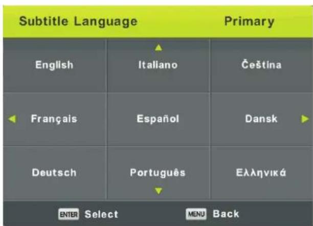 Subtitle Language Primary English Italiano Čeština Français Español Dansk Deutsch Português Ελληνικά ENTER Select MENU Back