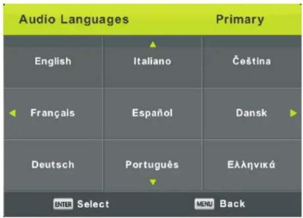 Audio Languages Primary English Italiano Čeština Français Español Dansk Deutsch Português Ελληνικά ENTER Select MENU Back