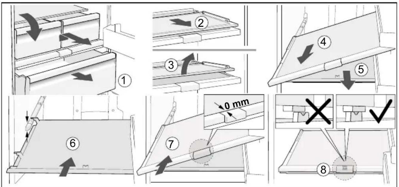 Technical diagram illustrating eight steps of a mechanical assembly or folding process, labeled 1 through 8 with directional arrows and dimension annotation.