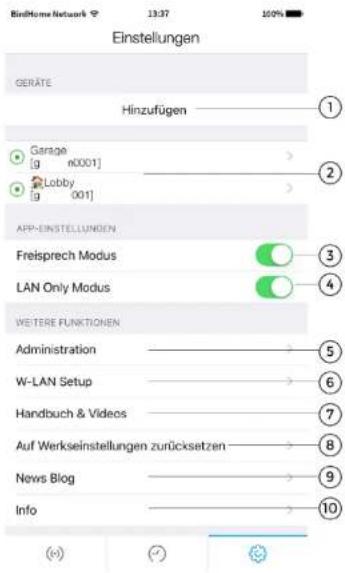 Einlungen GERÄTE Hinzufügen Garage [g n0001] Lobby [g 001] APP-EINSTELLUNGEN Freisprech Modus LAN Only Modus WEitere Funktionen Administration W-LAN Setup Handbuch & Videos Auf Werkseinstellungen zurücksetzen News Blog Info