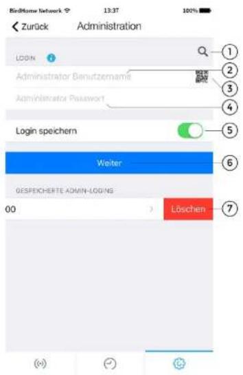 BirdHome network 13:37 100% Zurück Administration LODIN Administrator Benutzernames Administrator Password Login speichern Welter GESPEICHERTE ADMIN-LOGING 00 Löschen