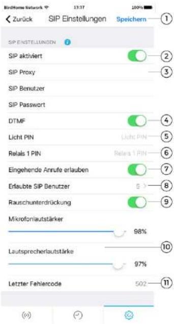 SIP Einstellungen Speichern SIP EINSTELLINDEN SIP aktiviert SIP Proxy SIP Benutzer SIP Passwort DTMF Licht PIN Relais 1 PIN Eingehende Anrufe erlauben Erlaubte SIP Benutzer Rauschunterdrückung Mikrofonlautstärker 98% Lautsprecherlautstärke 97% Letzter Fehlercode 502