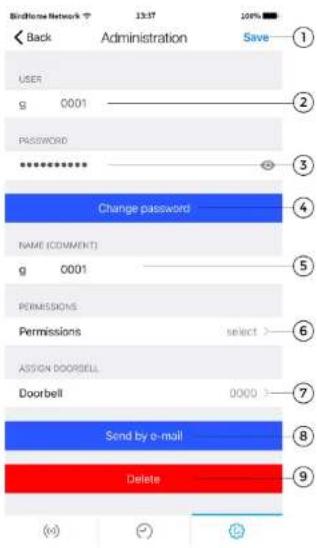 Back Administration Save USER g 0001 PASSWORD ********** Change password NAME (COMMENT) g 0001 PERMISSIONS Permissions select > ASSIGN DOORSELL Doorbell 0000 > Send by e-mail Delete