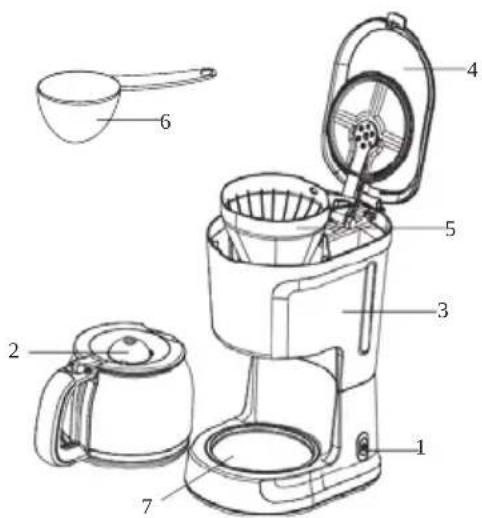 Labeled diagram of a coffee maker with numbered parts for identification