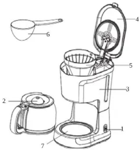 Technical diagram of a coffee maker with numbered parts for identification
