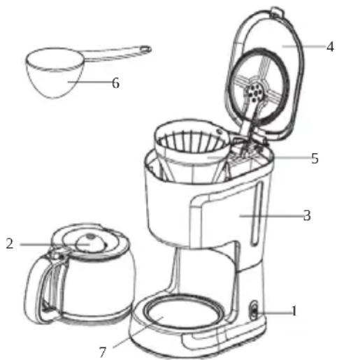 Technical diagram of a coffee maker with numbered parts and an inset image of the cup.