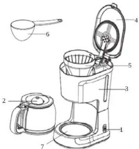 Technical diagram of a coffee maker with numbered parts and exploded view, including a cup holder and kettle.