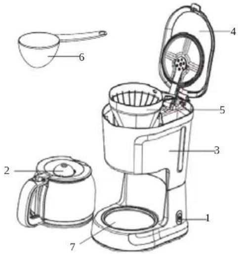 Technical diagram of a coffee maker with numbered parts for identification
