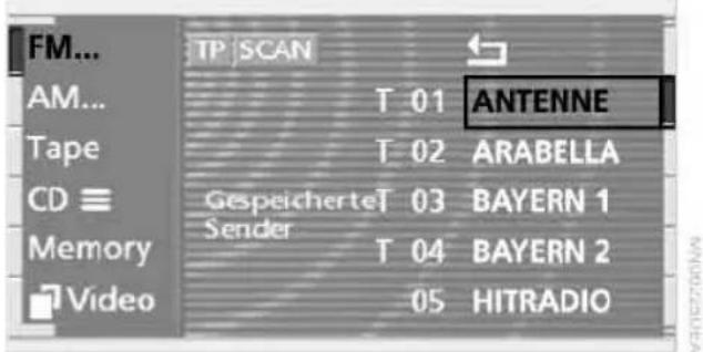 FM... AM... Tape CD ≡ Memory Video TP SCAN T 01 ANTENNE T 02 ARABELLA Gespeicherte T 03 BAYERN 1 Sender T 04 BAYERN 2 05 HITRADIO