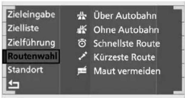 Zieleingabe Zielliste Zielführung Routenwahl Standort Über Autobahn Ohne Autobahn Schnellste Route Kürzeste Route Maut vermeiden