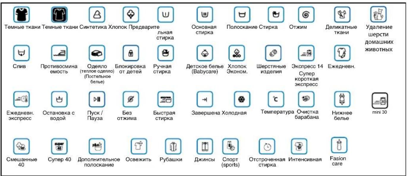 Темные ткани Слив Ежедневн. Смешанные 40 Темные ткани Противосмина емость Одеяло (теплое одевло) (Постельное белье) Остановка с водой Пуск / Пауза Дополнительное полоскание Синтетика Хлопок Предварите льная стирка Блокировка от детей Без отжима Ручная стирка Основная стирка Детское белье (Babycare) Хлопок Эконом. Быстрая стирка Завершена Холодная Основная стирка Полоскание Стирка Детское белье (Babycare) Хлопок Эконом. Шерстяные изделия Завершена Холодная Отжим Спорт (sports) Джинсы Отсроченная стирка Деликатные ткани Хлопок Эконом. Экспресс 14 Супер короткая экспресс Температура Очистка барабана Нижнее белье Удаление шерсти домашних животных Интенсивная Fasion care