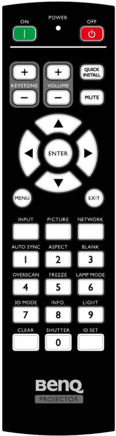 ON POWER OFF + + QUICK INSTALL KEystone VOLUME - - MUTE ENTER MENU EXIT INPUT PICTURE NETWORK AUTO SYNC ASPECT BLANK 1 2 3 OVERSCAN FREEZE LAMP MODE 4 5 6 3D MODE INFO. LIGHT 7 8 9 CLEAR SHUTTER ID SET 0 BenQ PROJECTOR