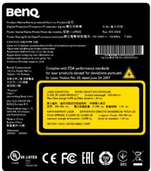 BenQ Product Name/Name product/No. de Product/版本: Digital Projector/Projector/Projecteur digital/驱动投影镜 Model Name/Name Model/No. de module/型号: LU9235 Rev. XX-XXX Power Rating/Nial Data/Pulsance nominale/固定电影或导/电视 100-240V ~ 50/68Hz 7.00A CAN/RES-3(8):NMB/3(8) Late on licetavis susjekoskettimilla varlosetecium pictoraxilan Approximate disk overlap/jorden skiptornails Apparate shift amplitude 10 μm/s/Hz Apparate stikrop diff tillettes en stikotraakt med jord, sum giver for bindelse til skitropreppa's jord BenQ Corporation 16 (J)he Road, Nelfo Taipei 114, Taiwan 密查主面二维码快速进 行应用的源码 原电路12级 "Patience" http:// pamarking.Benq.com/ (for EU) IMPROTER : BENQ Europe B.V. Maserinkler way : 1-7, 5457AR, Environment the Netherlands Made in China Bursan China 制造量(中国) 33mm/min XXXXX XXXXXX Complies with FDA performance standards for laser products except for deviations pursuant to Laser Notice No. 50, dated June 24, 2007 Laser radiation: AVOID DIRECT EYE EXPOURE, CLASS JR. LASER PRODUCT: Enacted wavelength: 450-460 nm Max. Pulse energy: 0.698 m²; Pulse duration: 1.34 ms 最大幅距: 道度因同音节造波影响: 30度表示最小值 左右: 450-460 nm 最大幅度前置: 0.698 m²; 新增时间: 1.34 ms AVRONEMENT LASER: EXPOSITION DIRECTING DANGERSUSE POUR LES YELIK APPARASI: A LASER DE CLASSE JR. Longueur d'onde: 450-460 nm maximum energy de Impulsion: 0.698 m²; durée de impulsion: 1.34 ms GB 7247-2012 / ISOEN 60835-12007