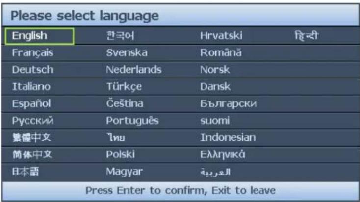 Please select language English 한국어 Hrvatski हिन्दी Français Svenska Română Deutsch Nederlands Norsk Italiano Türkçe Dansk Español Čeština Български Русский Português suomi 繁體中文 "тиу Indonesian 简体中文 Polski Eλληνικά 日本語 Magyar العربية Press Enter to confirm, Exit to leave