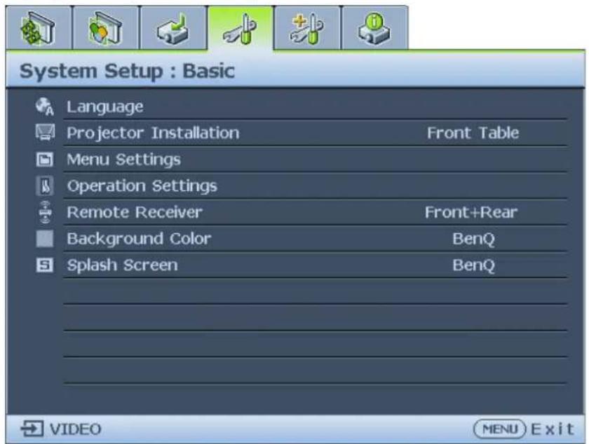 System Setup : Basic Language Projector Installation Front Table Menu Settings Operation Settings Remote Receiver Front+Rear Background Color BenQ Splash Screen BenQ VIDEO MENU Exit