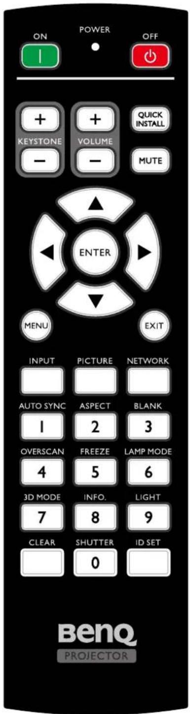 ON POWER OFF + + QUICK INSTALL KEYSTONE VOLUME - - MUTE ENTER MENU EXIT INPUT PICTURE NETWORK AUTO SYNC ASPECT BLANK 1 2 3 OVERSCAN FREEZE LAMP MODE 4 5 6 3D MODE INFO. LIGHT 7 8 9 CLEAR SHUTTER ID SET 0 BenQ PROJECTOR