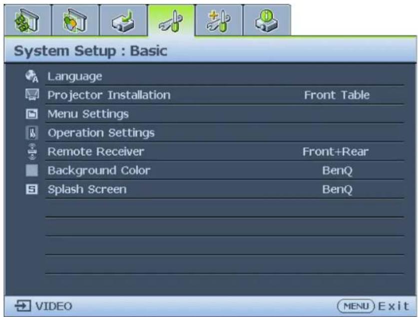 System Setup : Basic Language Projector Installation Front Table Menu Settings Operation Settings Remote Receiver Front+Rear Background Color BenQ Splash Screen BenQ VIDEO MENU Exit