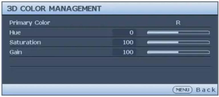 3D COLOR MANAGEMENT Primary Color R Hue 0 Saturation 100 Gain 100 MENU Back