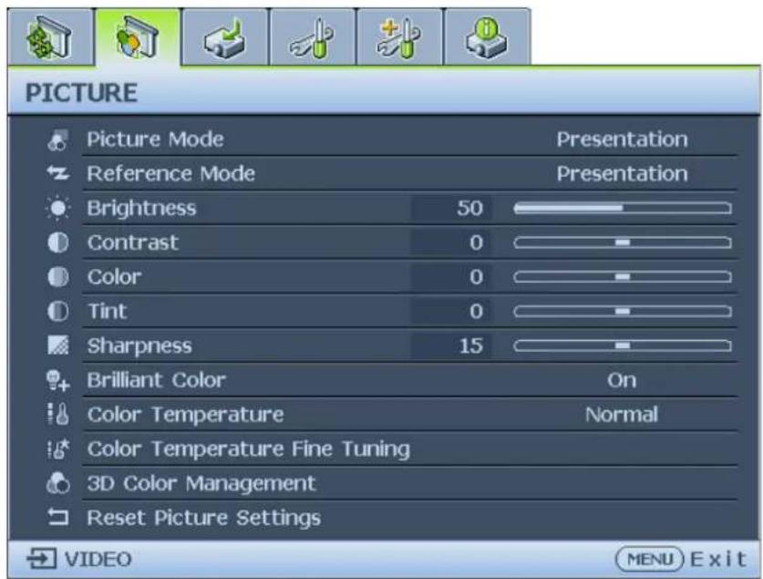 PICTURE Picture Mode Presentation Reference Mode Presentation Brightness 50 Contrast 0 Color 0 Tint 0 Sharpness 15 Brilliant Color On Color Temperature Normal Color Temperature Fine Tuning 3D Color Management Reset Picture Settings VIDEO MENU Exit