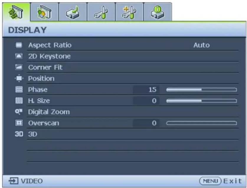 DISPLAY Aspect Ratio Auto 2D Keystone Corner Fit Position Phase 15 H. Size 0 Digital Zoom Overscan 0 3D VIDEO MENU Exit