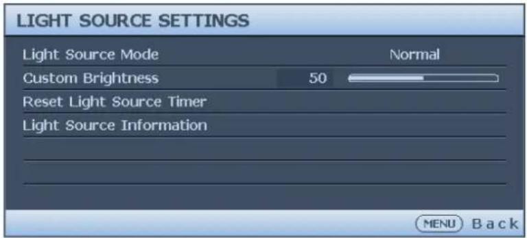 LIGHT SOURCE SETTINGS Light Source Mode Normal Custom Brightness 50 Reset Light Source Timer Light Source Information MENU Back