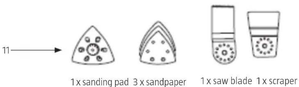 11 1 x sanding pad 3 x sandpaper 1 x saw blade 1 x scraper