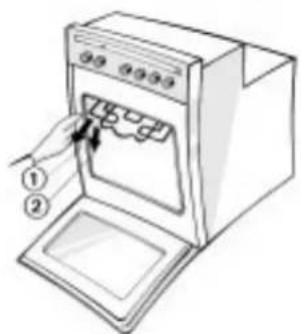Diagram of a kitchen appliance with labeled parts, showing a hand pressing down on the door panel.