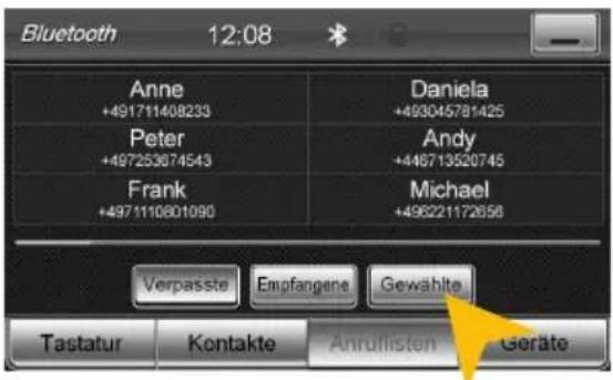 Bluetooth 12:08 Anne +491711408233 Peter +497263674543 Frank +4971110801090 Daniela +489045781425 Andy +446713520745 Michael +496221172658 Verpasste Empfangene Gewählte Tastatur Kontakte Anäuflisten Geräte