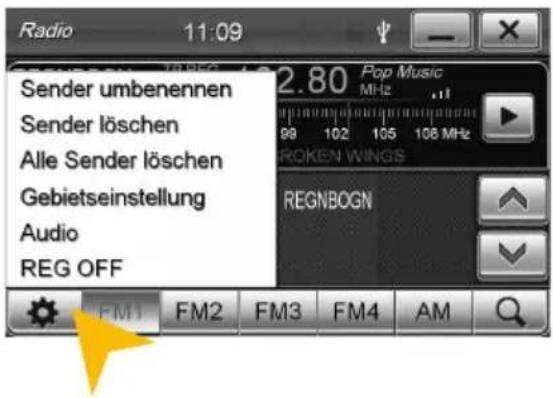 Radio 11:09 Sender umbenennen Sender löschen Alle Sender löschen Gebietseinstellung Audio REG OFF 2.80 Pop Music MHz 99 102 105 108 MHz ROKEN WINGS REGNBOGN FM1 FM2 FM3 FM4 AM