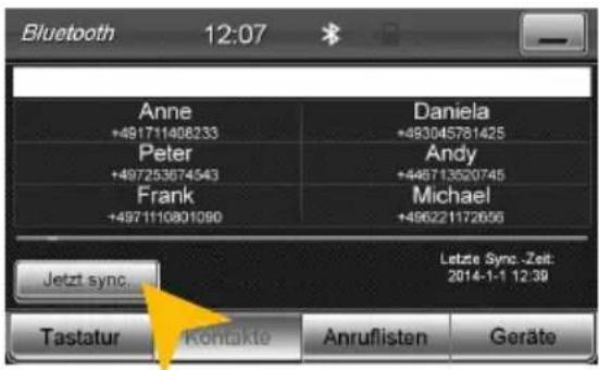 Bluetooth 12:07 Anne +491711408233 Peter +497253674543 Frank +4971110801090 Daniela +493045781425 Andy +446713520745 Michael +496221172656 Letzte Sync -Zeit: 2014-1-1 12:39 Jetzt sync. Tastatur Kontakte Anruflisten Geräte