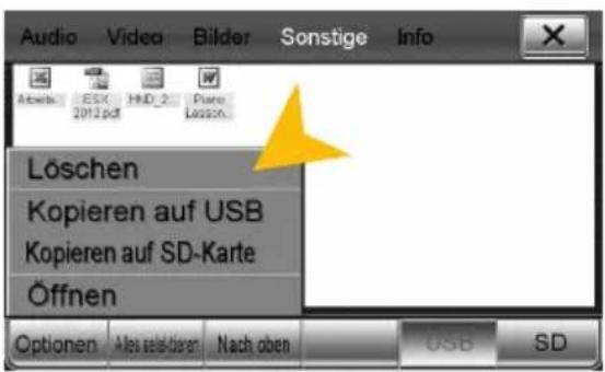 Audio Video Bilder Sonstige Info Arbeits ESX H.D. 2 Piere Lesson. Löschen Kopieren auf USB Kopieren auf SD-Karte Öffnen Optionen Alles aktelkarten Nach oben USB SD