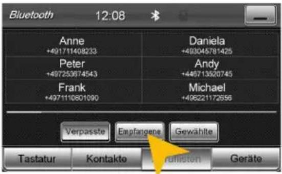 Bluetooth 12:08 Anne +491711408233 Peter +497253674543 Frank +4971110801090 Daniela +493045781425 Andy +446713526745 Michael +496221172656 Verpasste Empfangene Gewählte Tastatur Kontakte Ruffisten Geräte