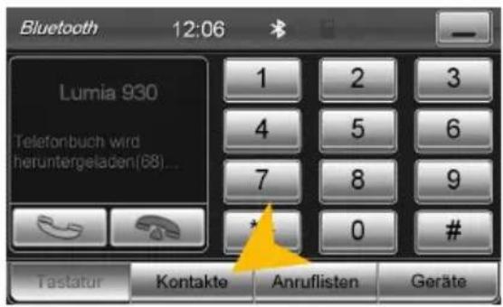 Bluetooth 12:06 Lumia 930 Telefonbuch wird heruntergeladen(68)... 1 2 3 4 5 6 7 8 9 * 0 # Tastatur Kontakte Anruflisten Geräte