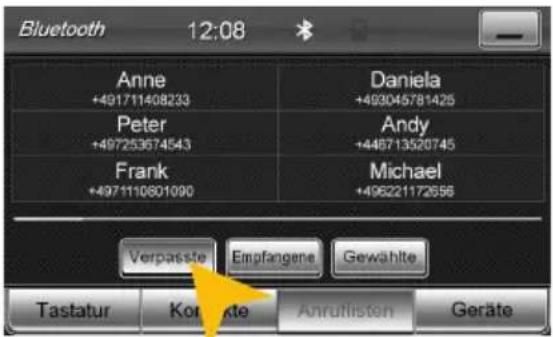 Bluetooth 12:08 Anne +491711408233 Peter +497253674543 Frank +4971110801090 Daniela +493045781425 Andy +448713520745 Michael +496221172656 Verpassie Empfangene Gewählte Tastatur Konstante Anruflisten Geräte