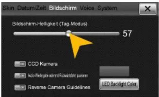 Skin Datum/Zeit Bildschirm Voice System Bildschirm-Helligkeit (Tag-Modus) 57 CCD Kamera Audio-Windergabe während Rückwärstehrt passern Reverse Camera Guidelines LED Backlight Color