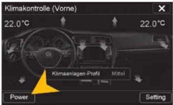 Klimakontrolle (Vorne) 22.0°C 22.0°C Klimaanlagen-Profil Mittel Power Setting