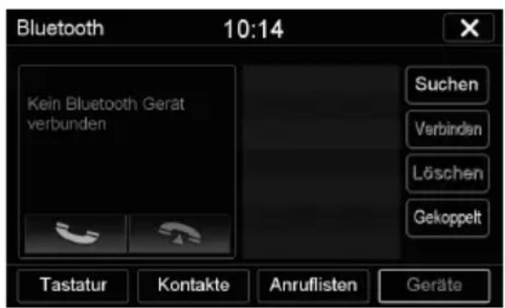 Bluetooth 10:14 Kein Bluetooth Gerät verbunden Suchen Verbinden Löschen Gekoppelt Tastatur Kontakte Anruflisten Geräte