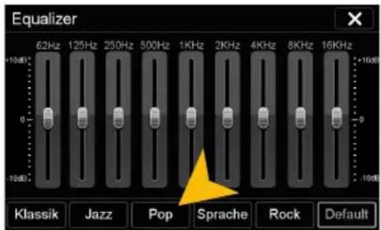 Equalizer +10Hz 62Hz 125Hz 250Hz 500Hz 1KHz 2KHz 4KHz 8KHz 16KHz -10Hz Klassik Jazz Pop Sprache Rock Default