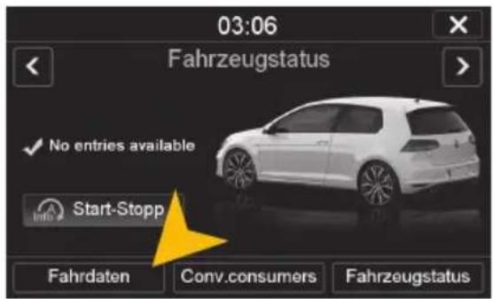 03:06 Fahrzeugstatus ✓ No entries available Start-Stopp Fahrdaten Conv.comsumers Fahrzeugstatus